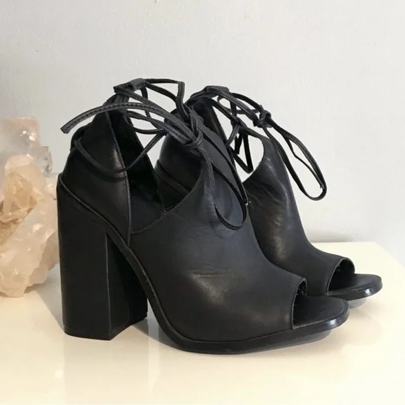 UNIF 94 heel peep toe ankle tie up black leather - Picture 2 of 8